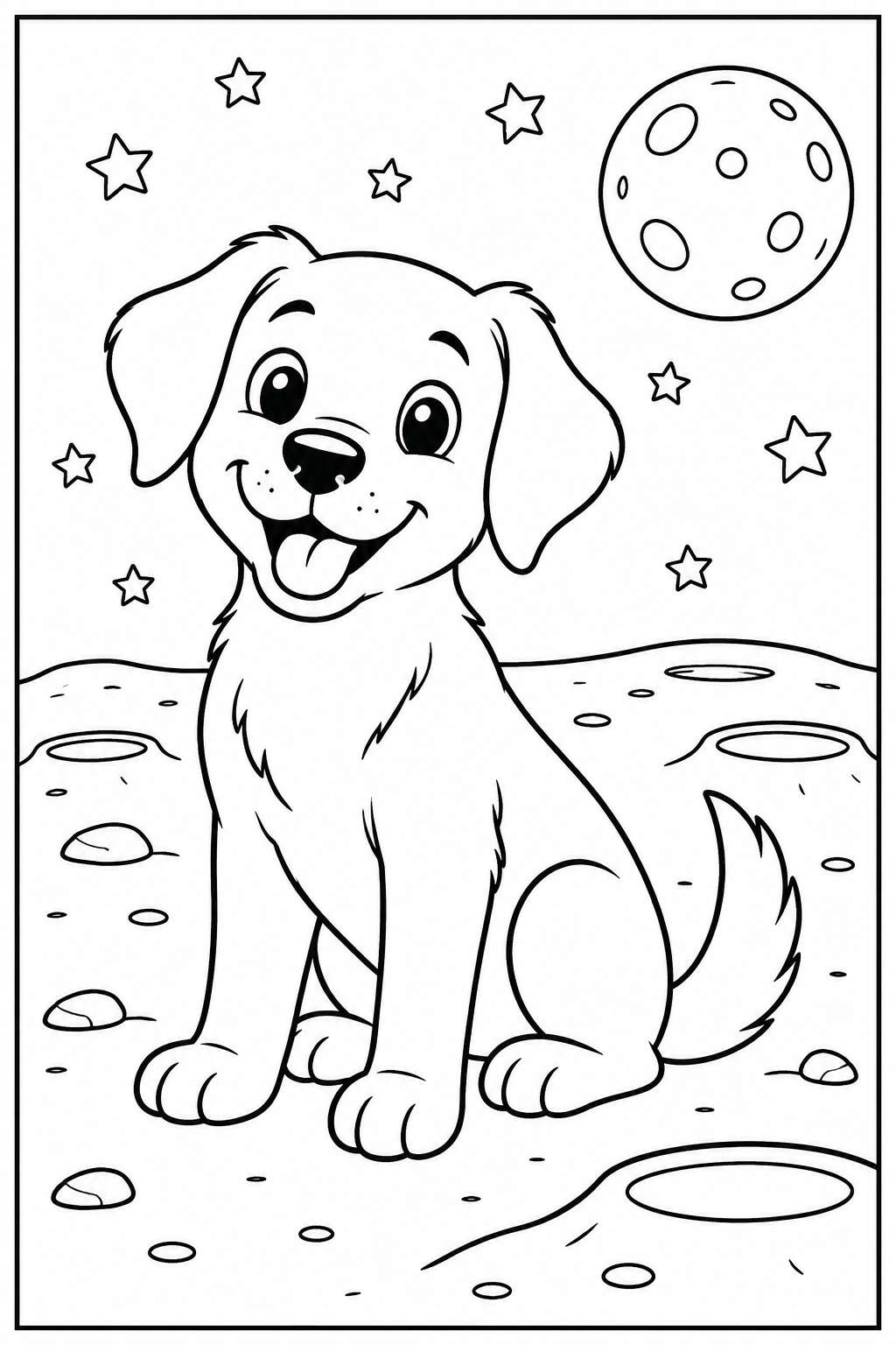 Hond — Op de maan — kleurplaat om te printen