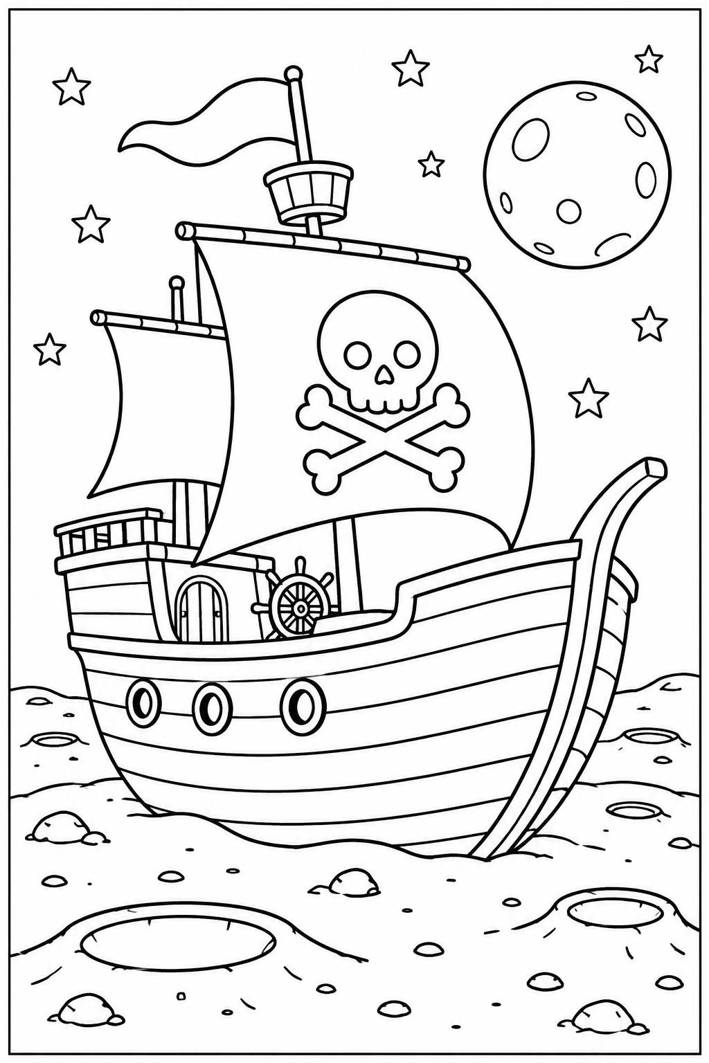 Piratenschip — Op de maan — zwart-wit kleurplaat