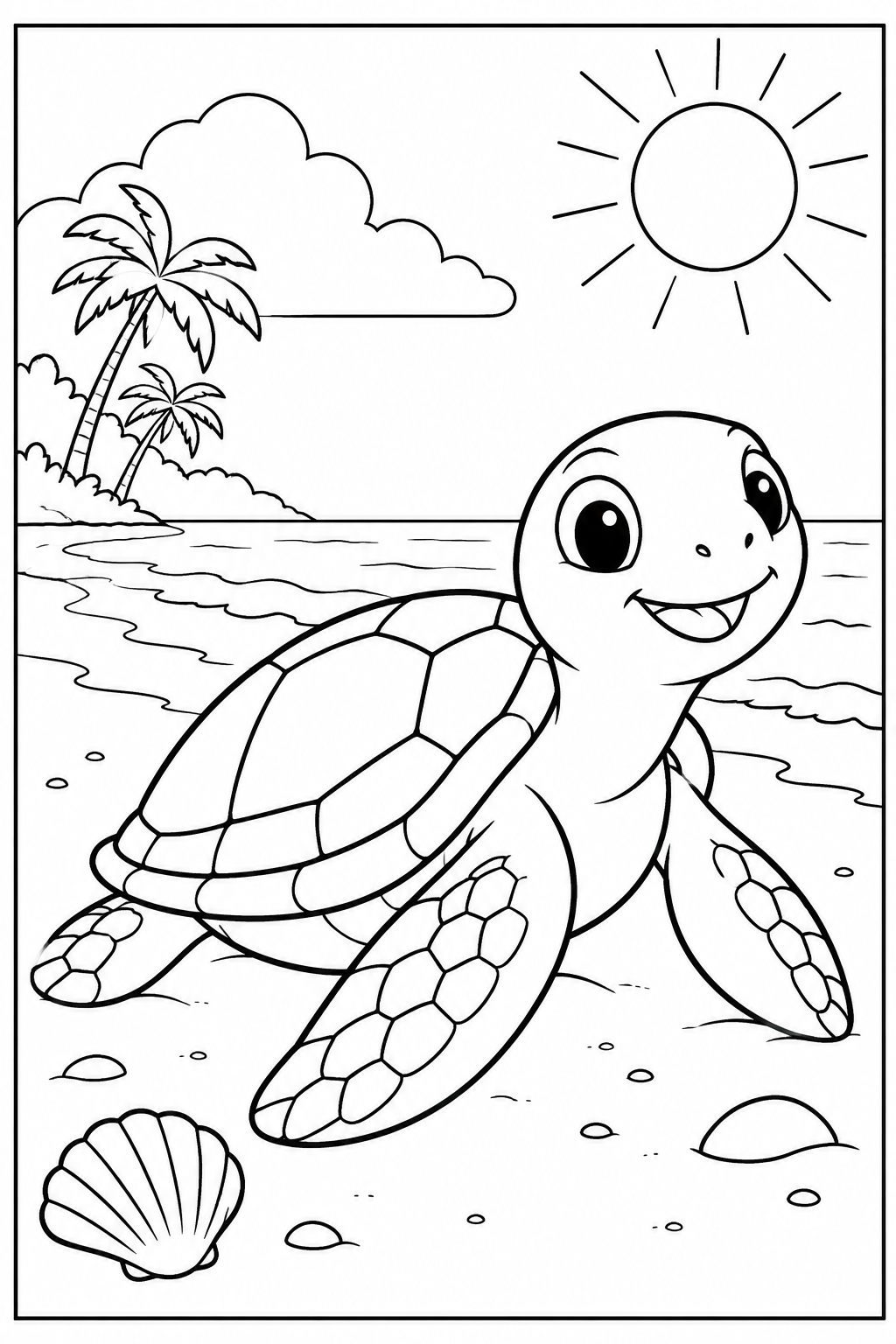 Schildpad — Op het strand — zwart-wit kleurplaat