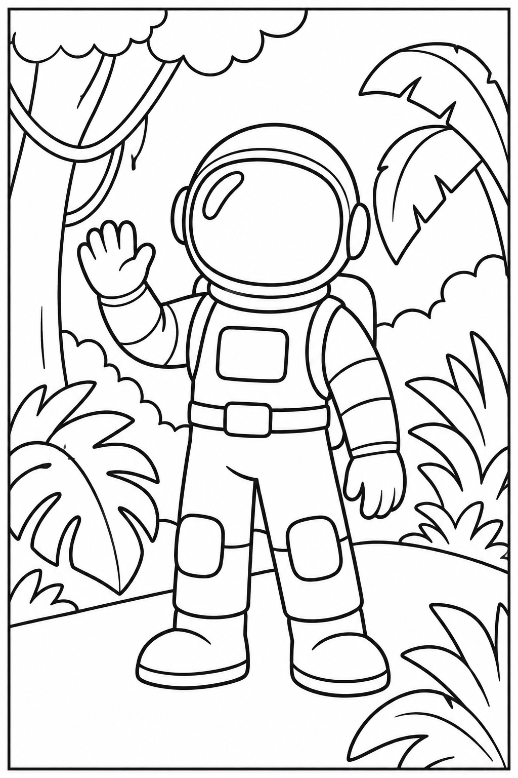 Astronaut — In de jungle — kleurplaat om te printen