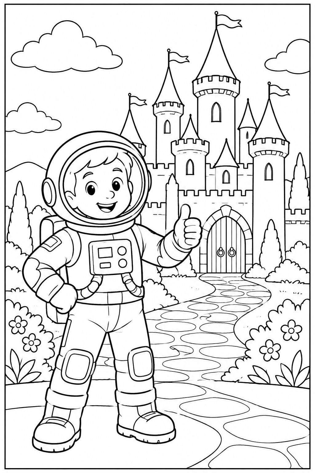 Astronaut — Bij een kasteel — kleurplaat om te printen