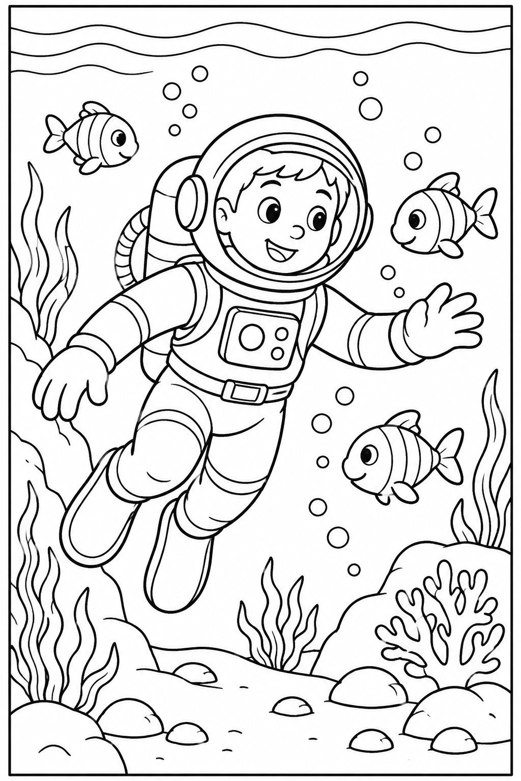 Astronaut — Onder water — kleurplaat om te printen