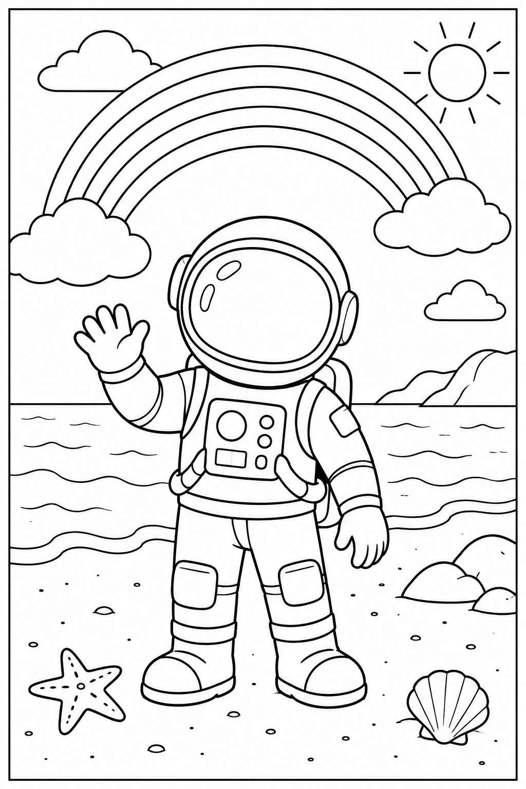 Astronaut — Bij de regenboog — kleurplaat om te printen