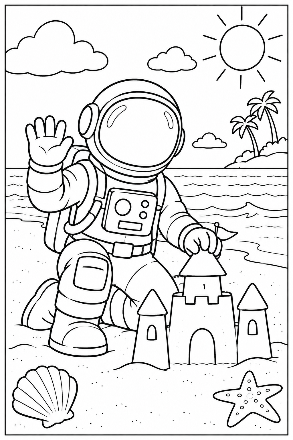 Astronaut — Op het strand — kleurplaat om te printen