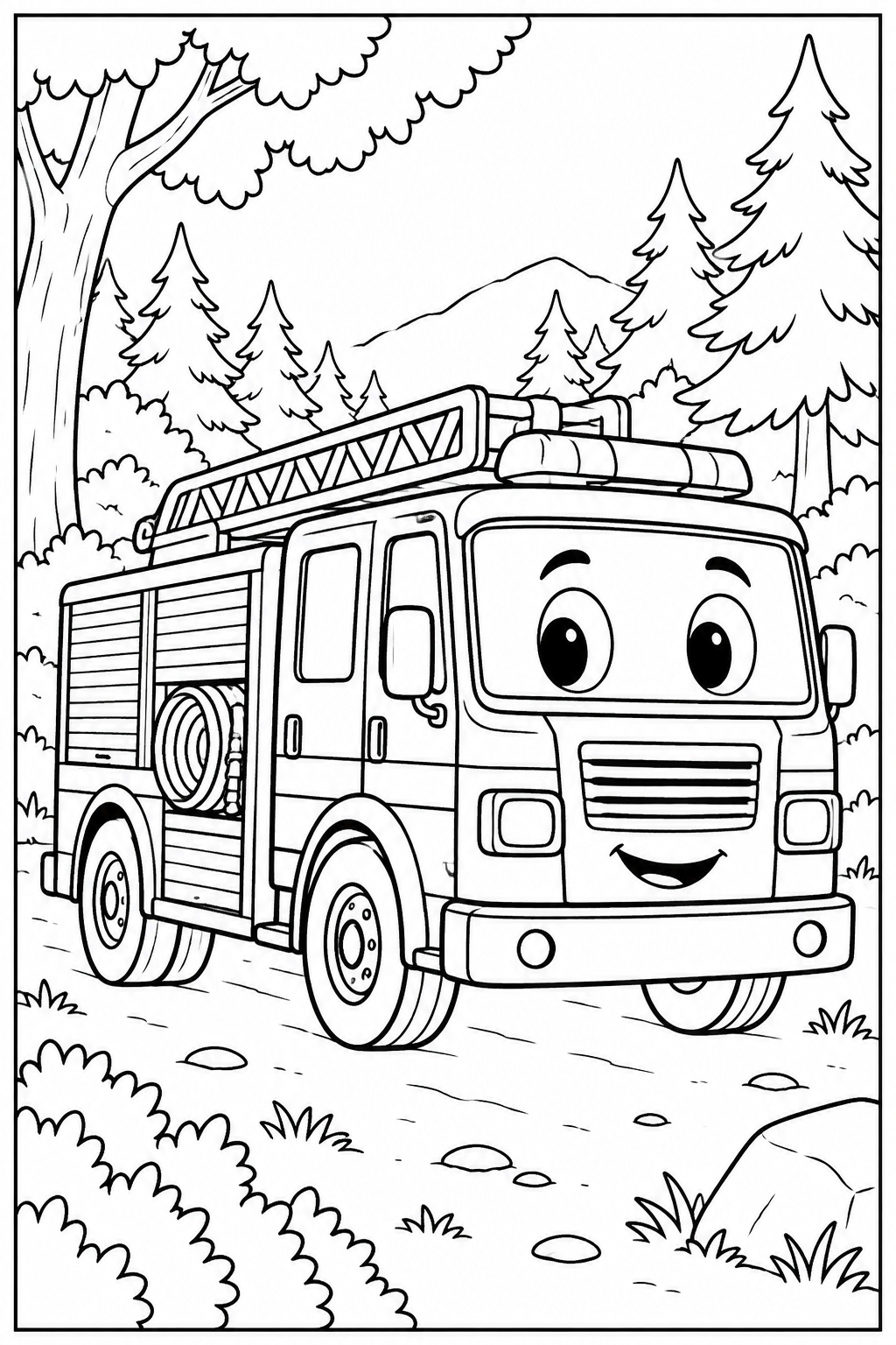 Brandweerauto — In het bos — zwart-wit kleurplaat