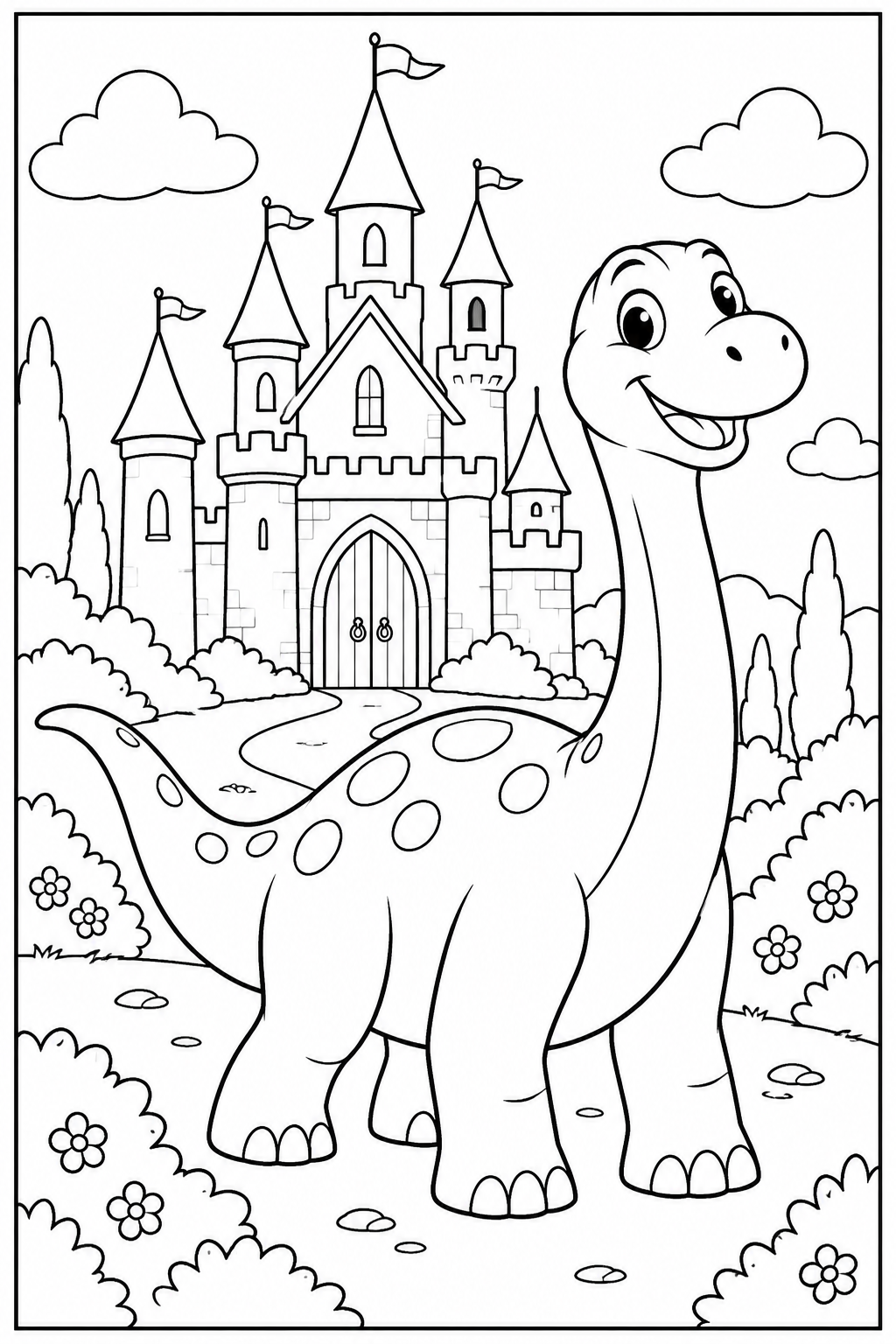Dino — Bij een kasteel — kleurplaat om te printen