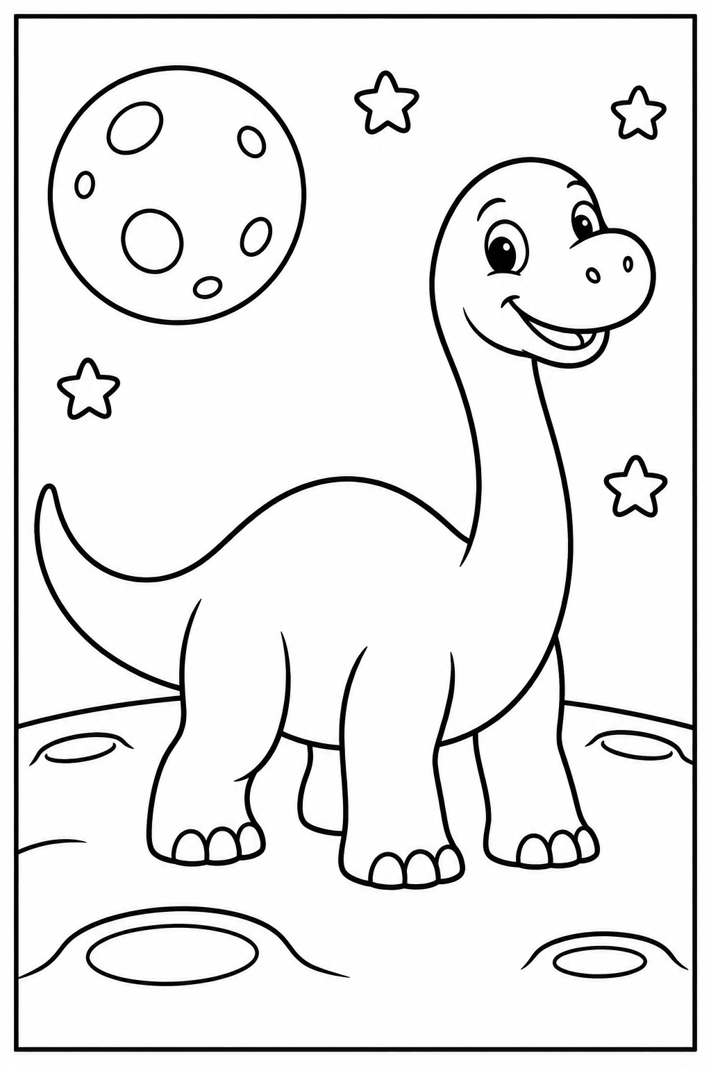 Dino — Op de maan — kleurplaat om te printen