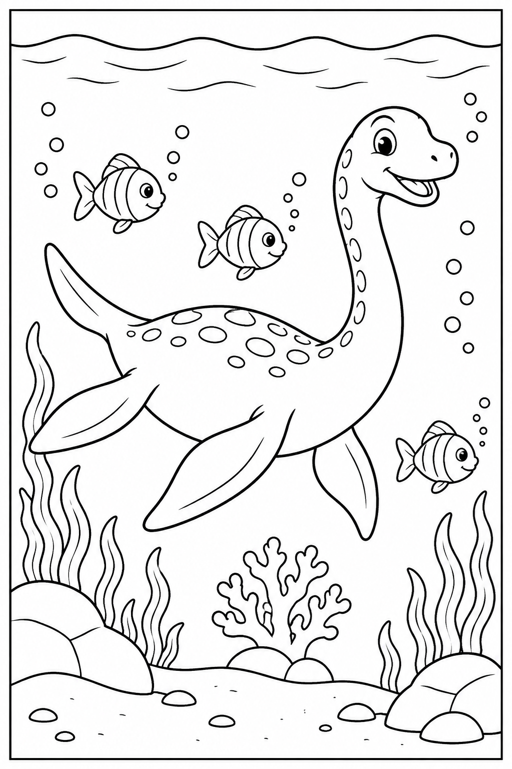 Dino — Onder water — zwart-wit kleurplaat