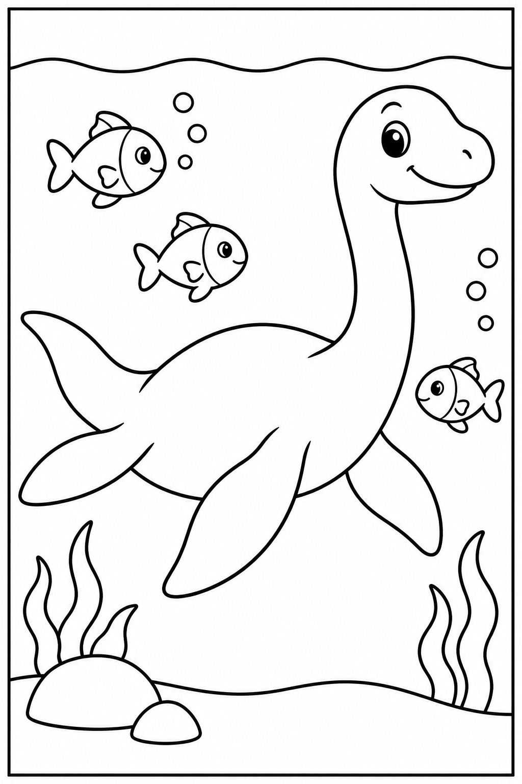 Dino — Onder water — kleurplaat om te printen