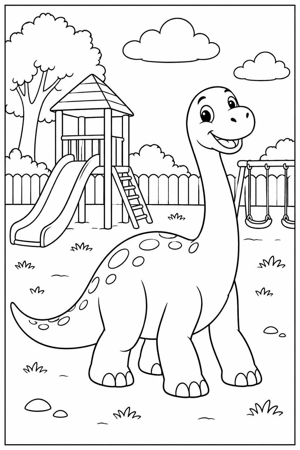 Dino — In de speeltuin — kleurplaat om te printen