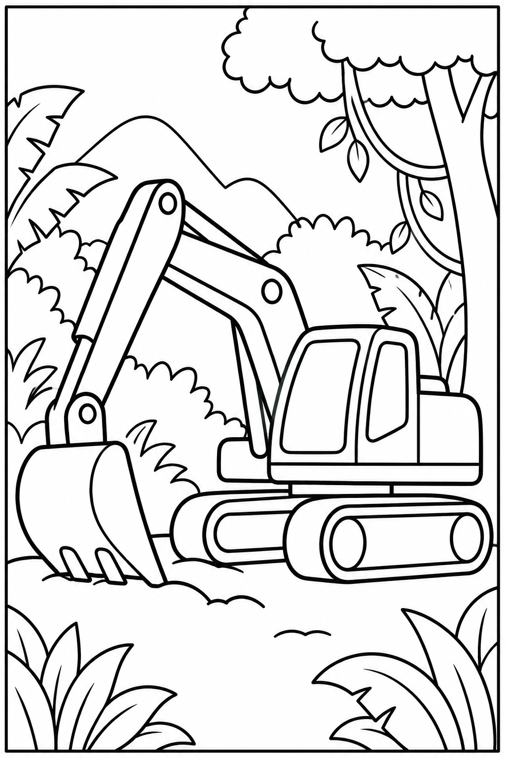 Graafmachine — In de jungle — zwart-wit kleurplaat