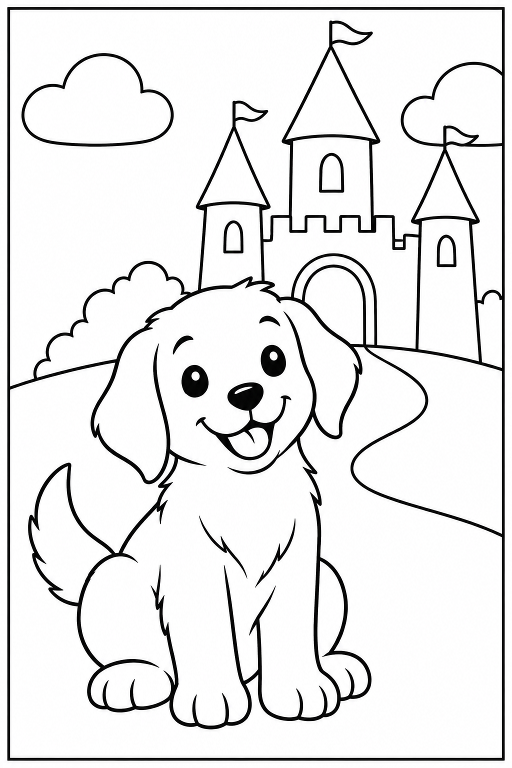 Hond — Bij een kasteel — kleurplaat om te printen