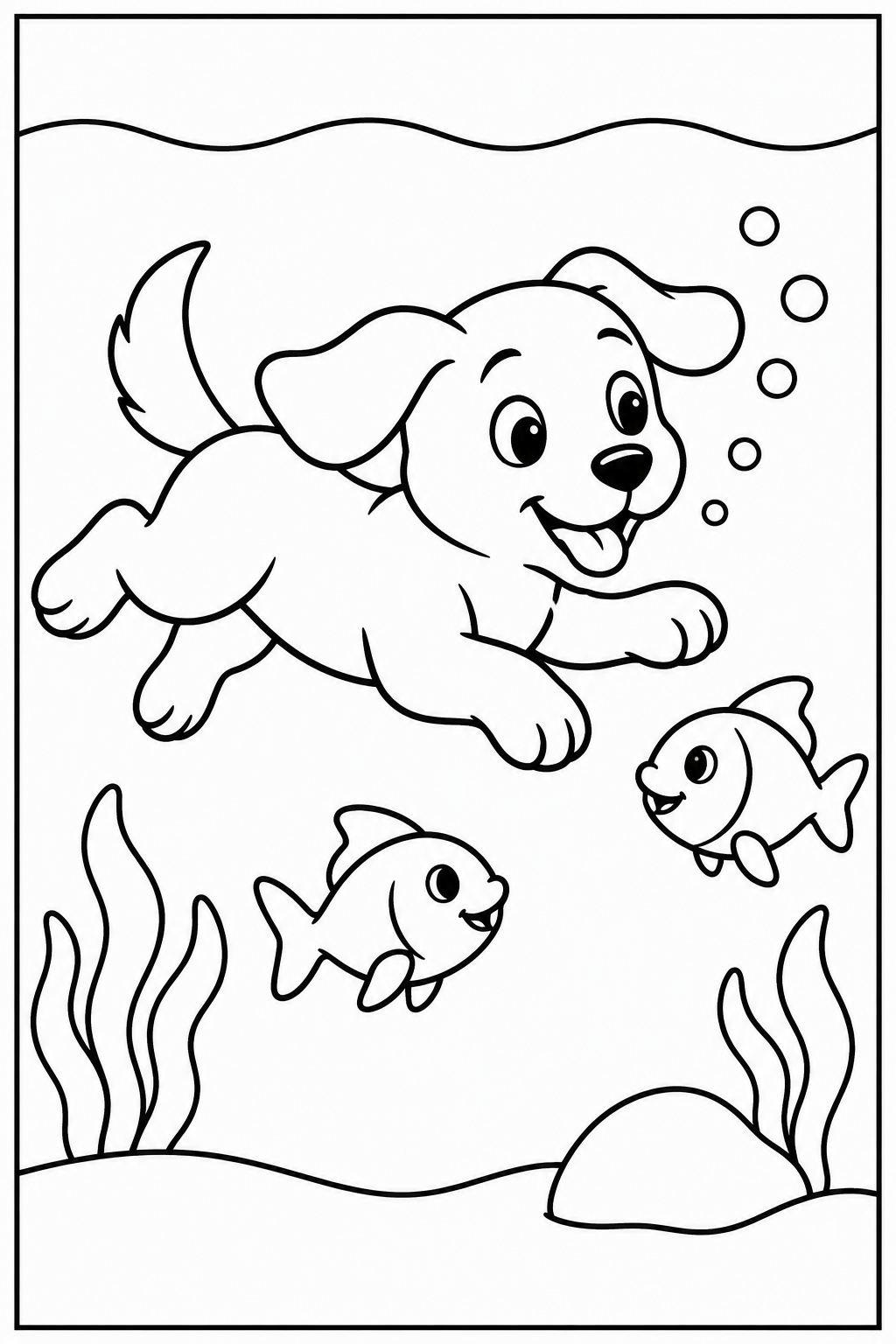 Hond — Onder water — zwart-wit kleurplaat