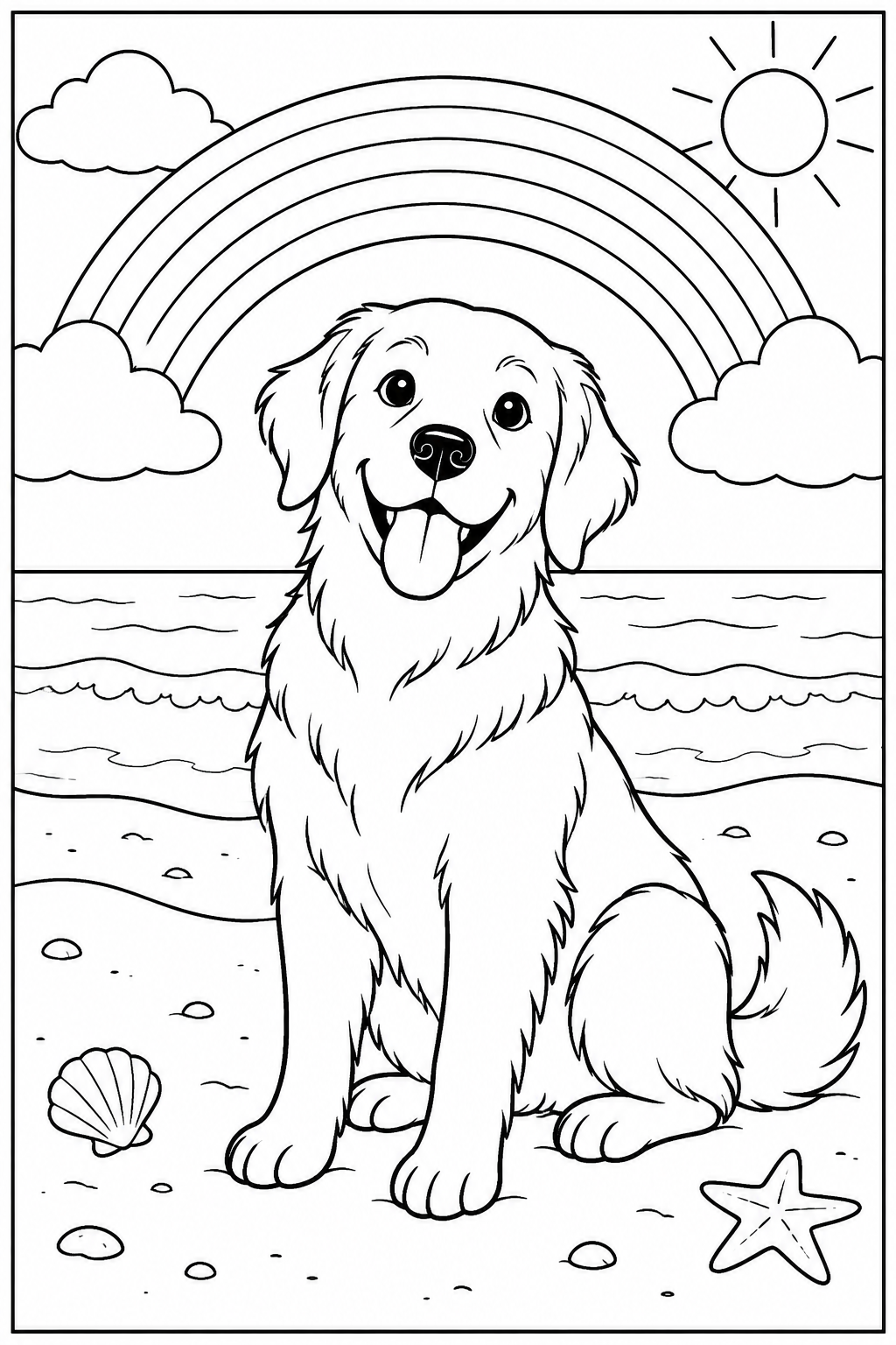 Hond — Bij de regenboog — kleurplaat om te printen