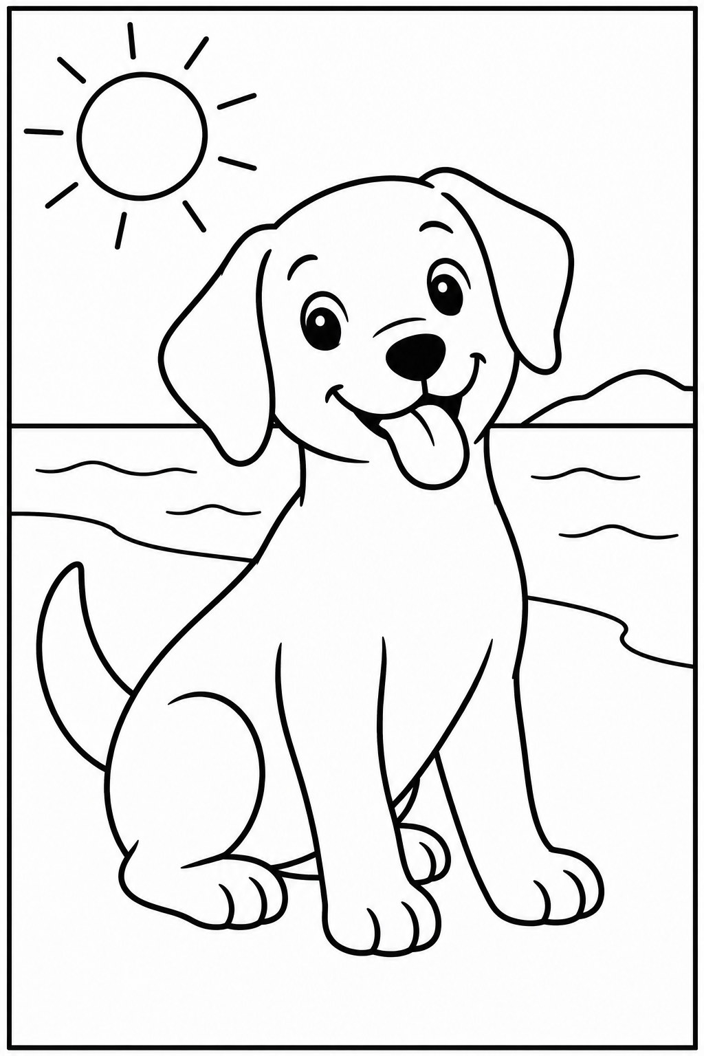 Hond — Op het strand — kleurplaat om te printen