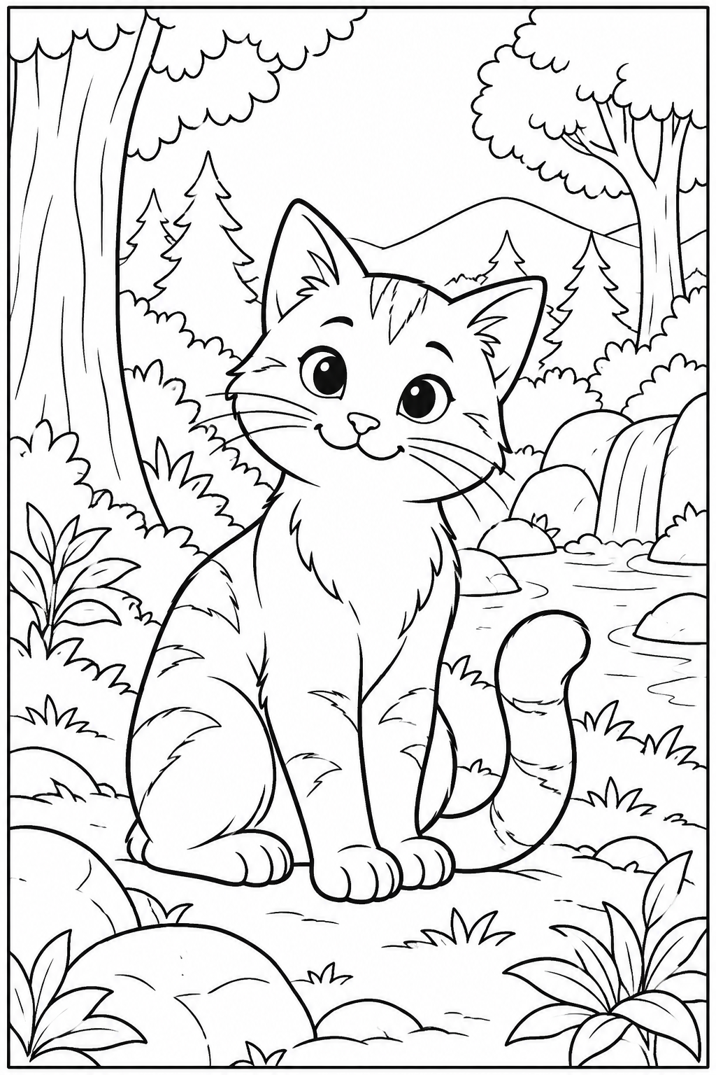 Kat — In het bos — kleurplaat om te printen