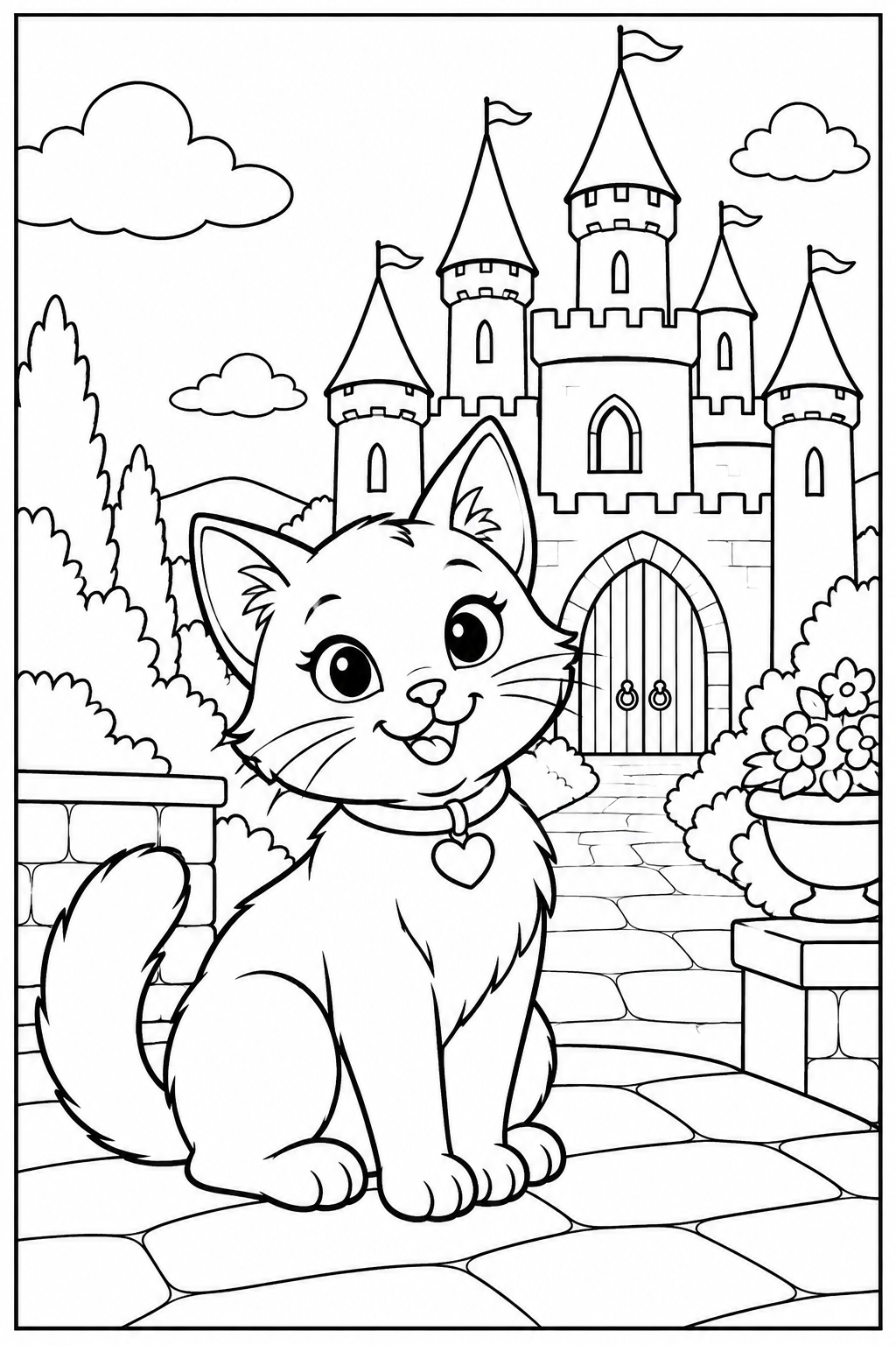 Kat — Bij een kasteel — zwart-wit kleurplaat