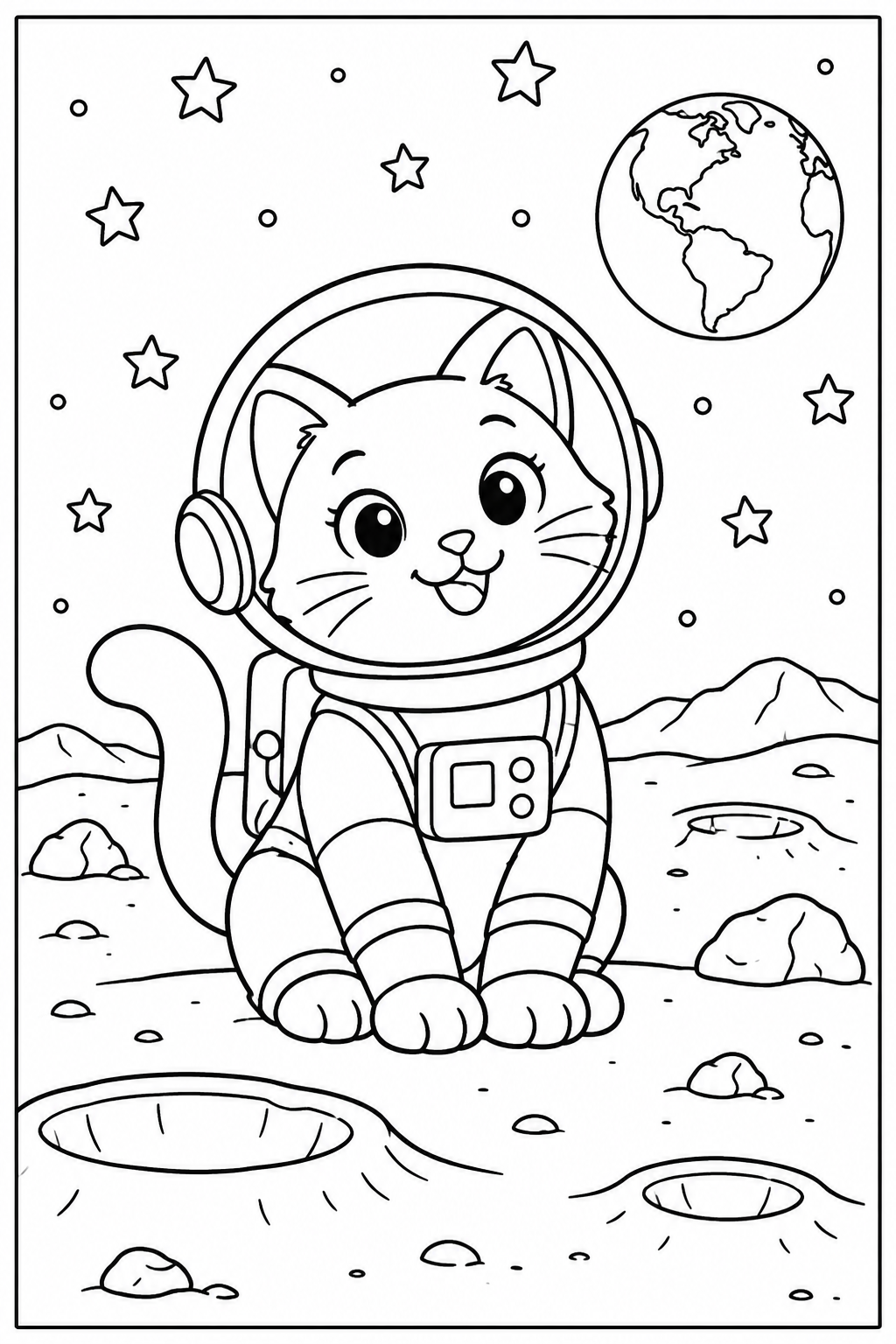Kat — Op de maan — kleurplaat om te printen
