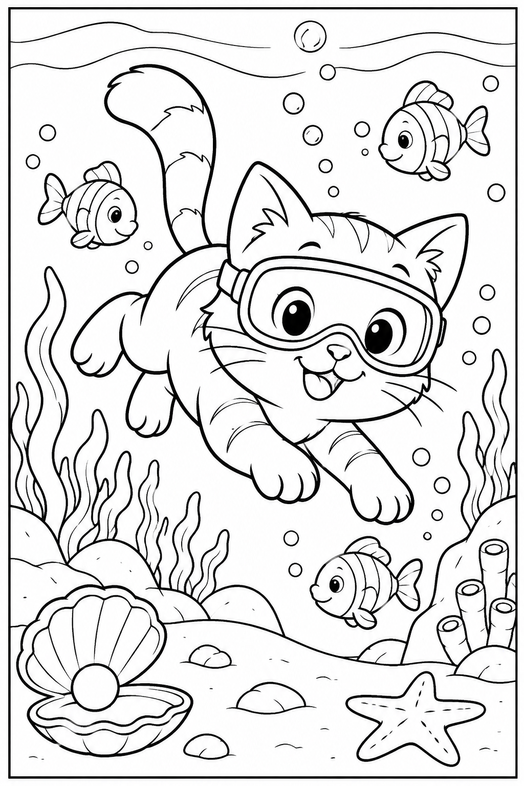Kat — Onder water — kleurplaat om te printen