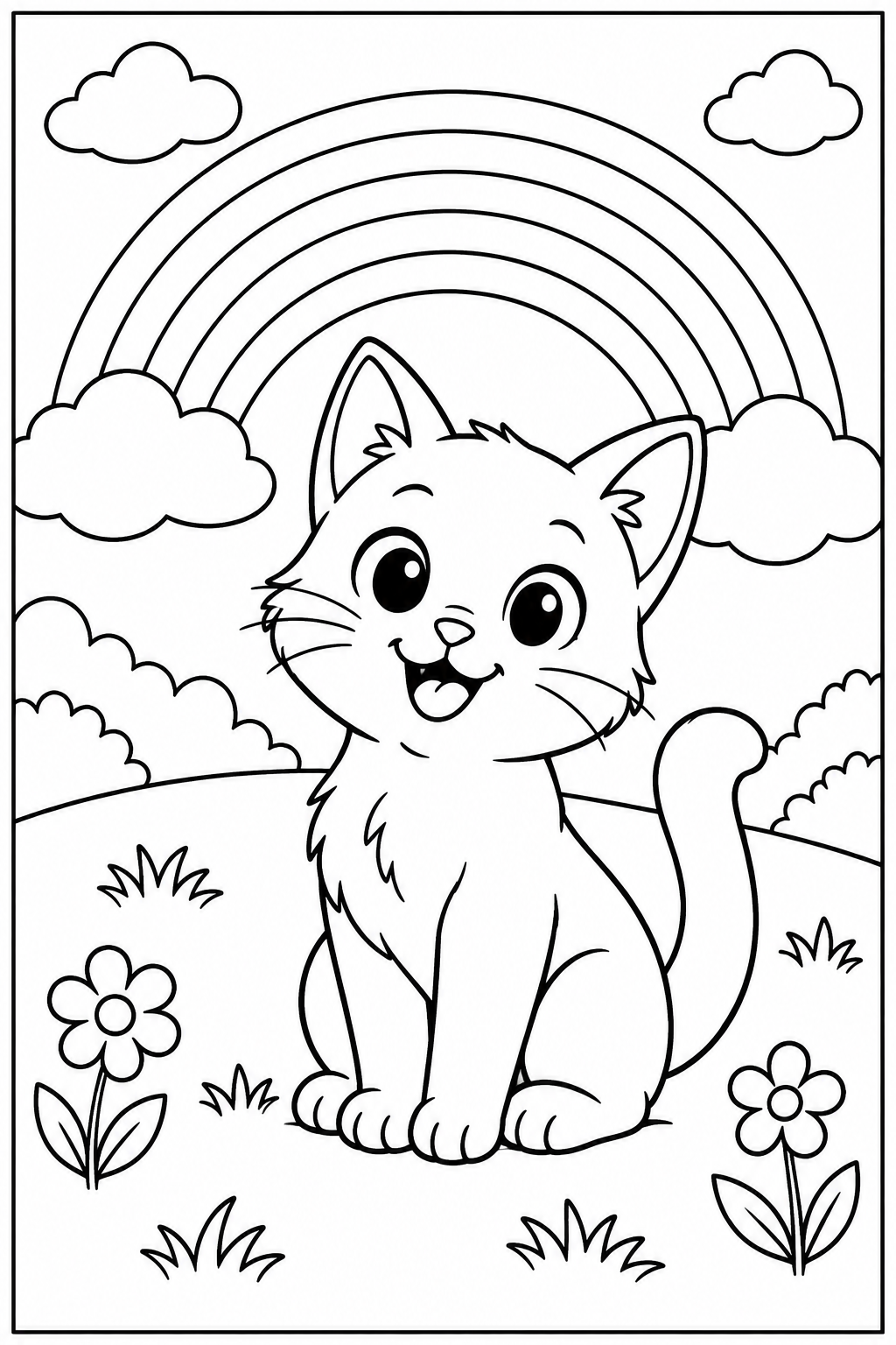 Kat — Bij de regenboog — kleurplaat om te printen
