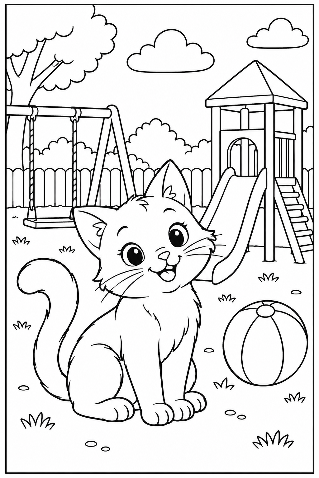 Kat — In de speeltuin — zwart-wit kleurplaat