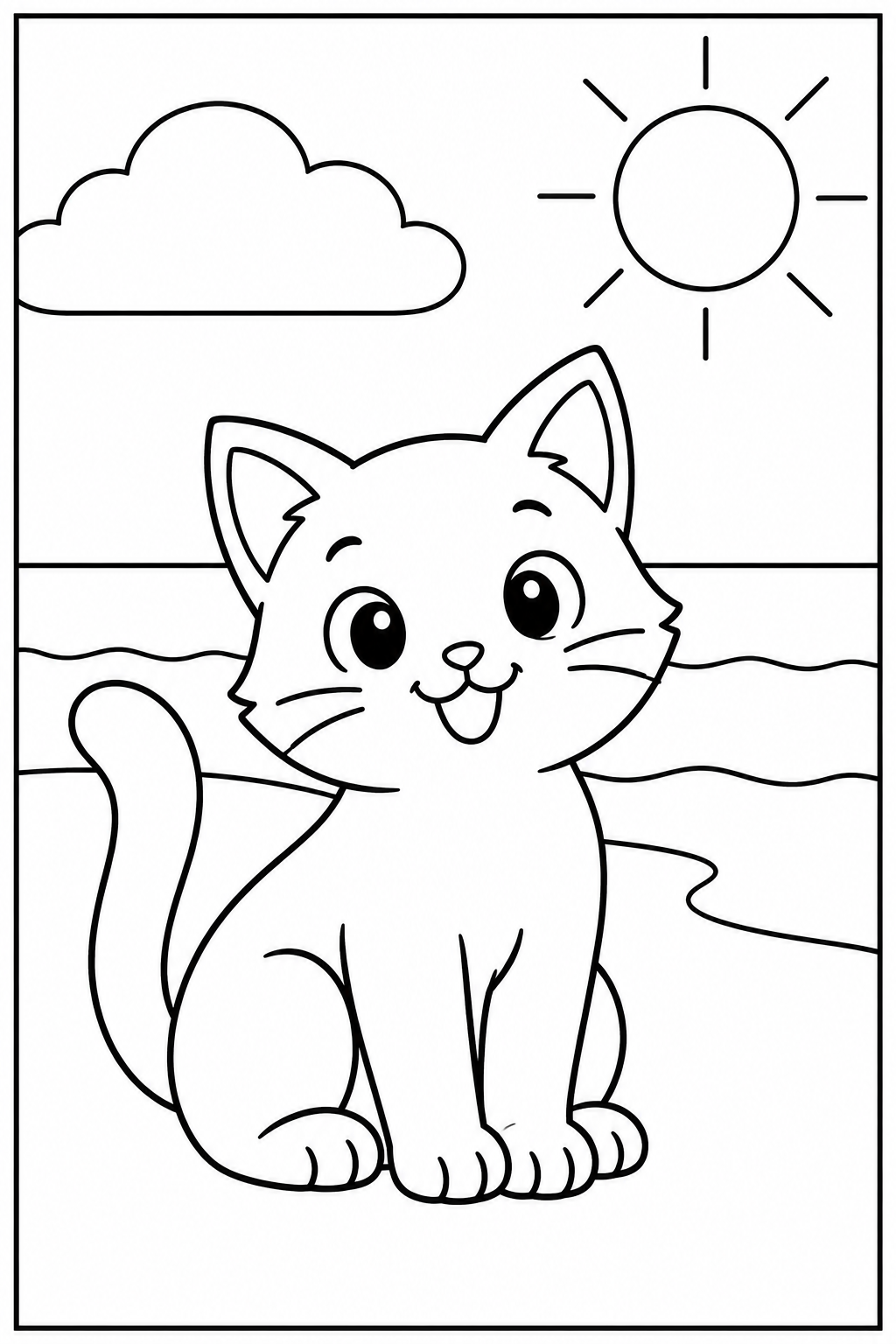 Kat — Op het strand — zwart-wit kleurplaat
