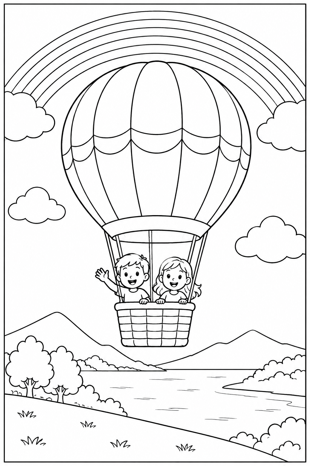 Luchtballon — Bij de regenboog — kleurplaat om te printen