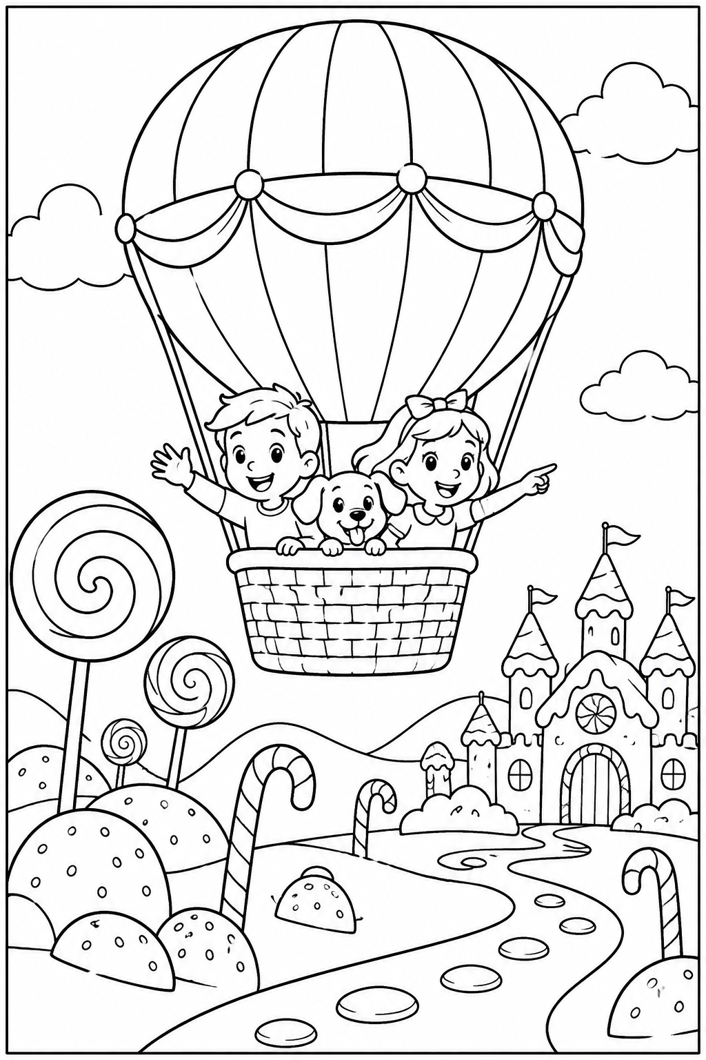 Luchtballon — Snoepjesland — zwart-wit kleurplaat