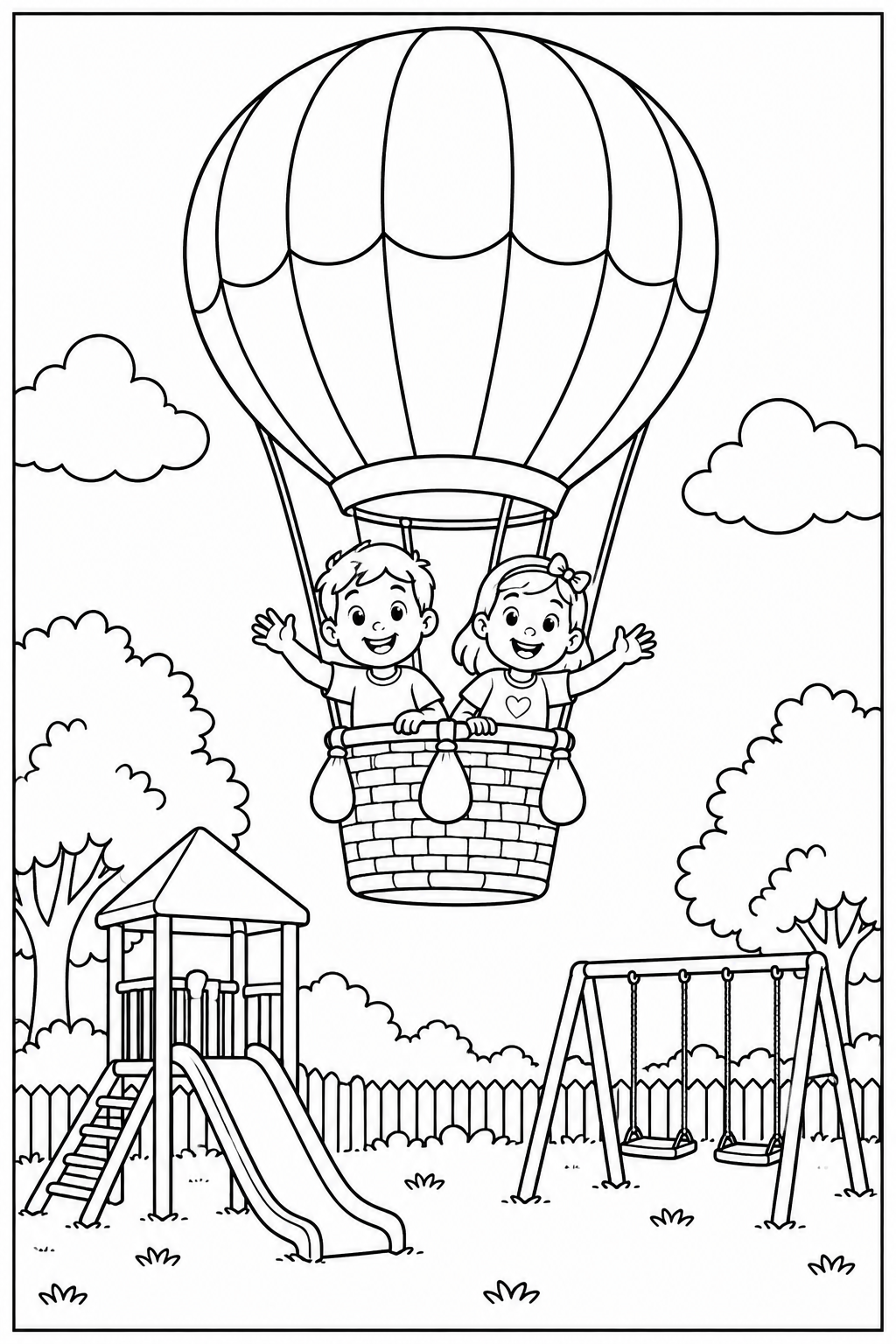 Luchtballon — In de speeltuin — kleurplaat om te printen