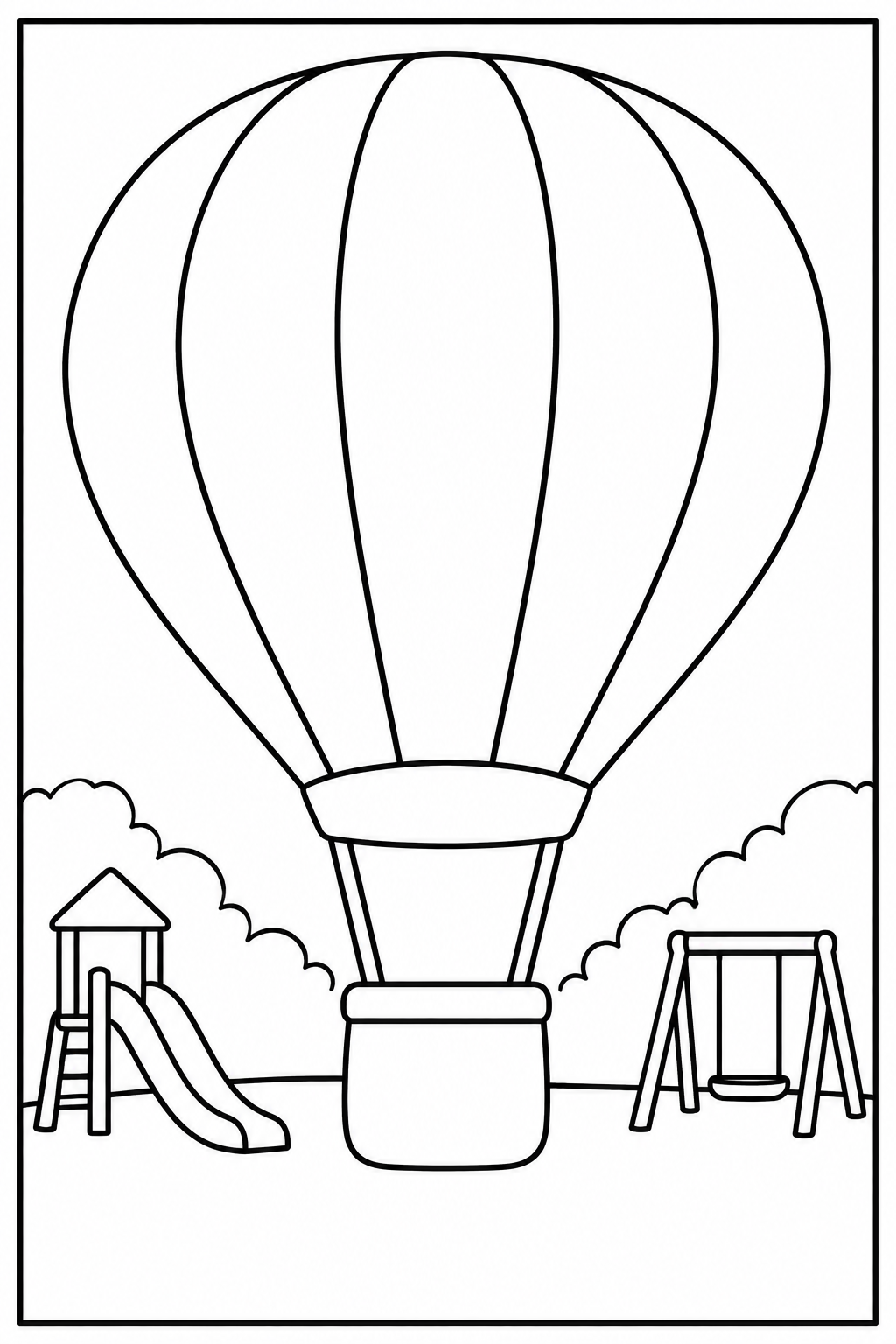 Luchtballon — In de speeltuin — zwart-wit kleurplaat