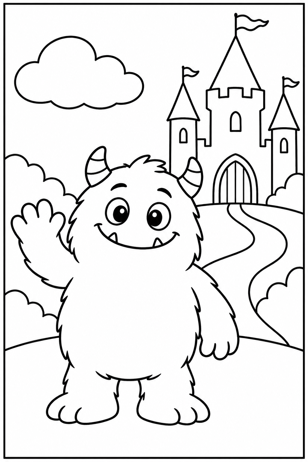 Lief monster — Bij een kasteel — zwart-wit kleurplaat