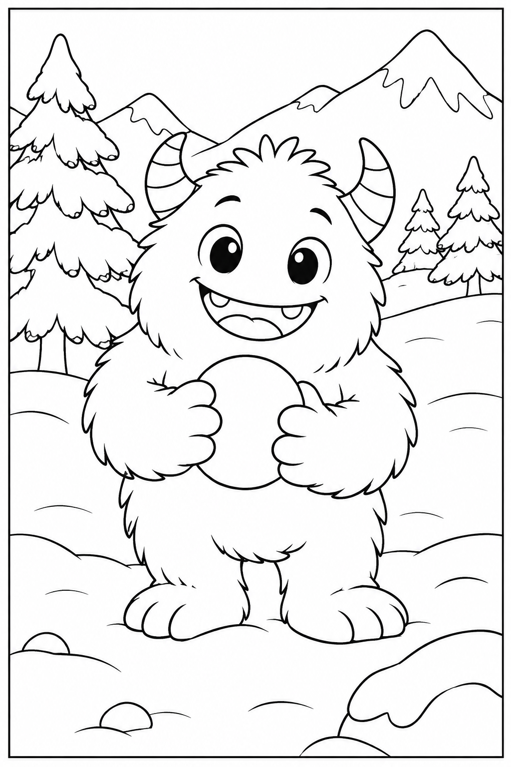 Lief monster — In de sneeuw — zwart-wit kleurplaat