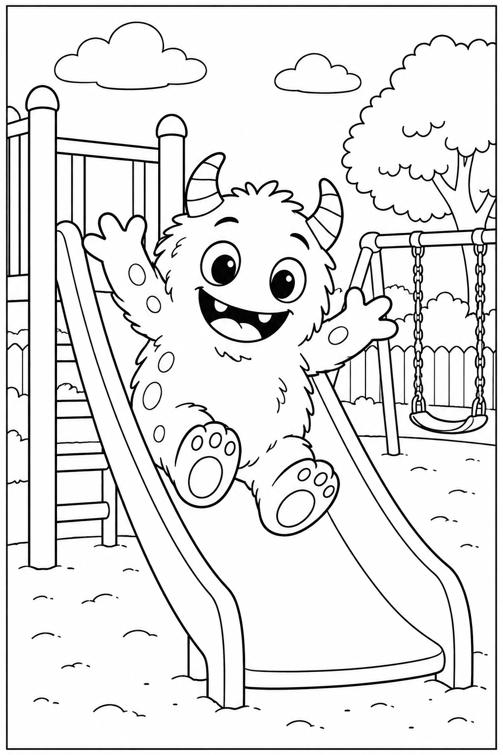 Lief monster — In de speeltuin — zwart-wit kleurplaat