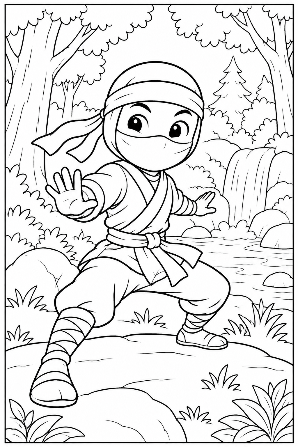 Ninja — In het bos — kleurplaat om te printen