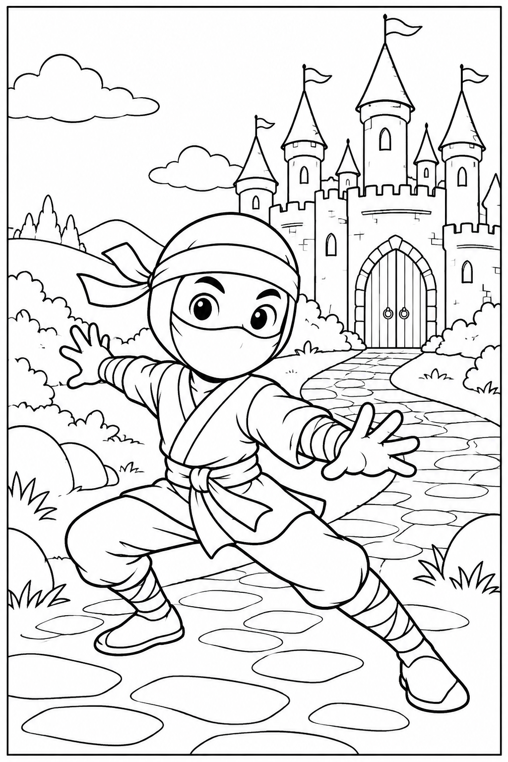 Ninja — Bij een kasteel — kleurplaat om te printen