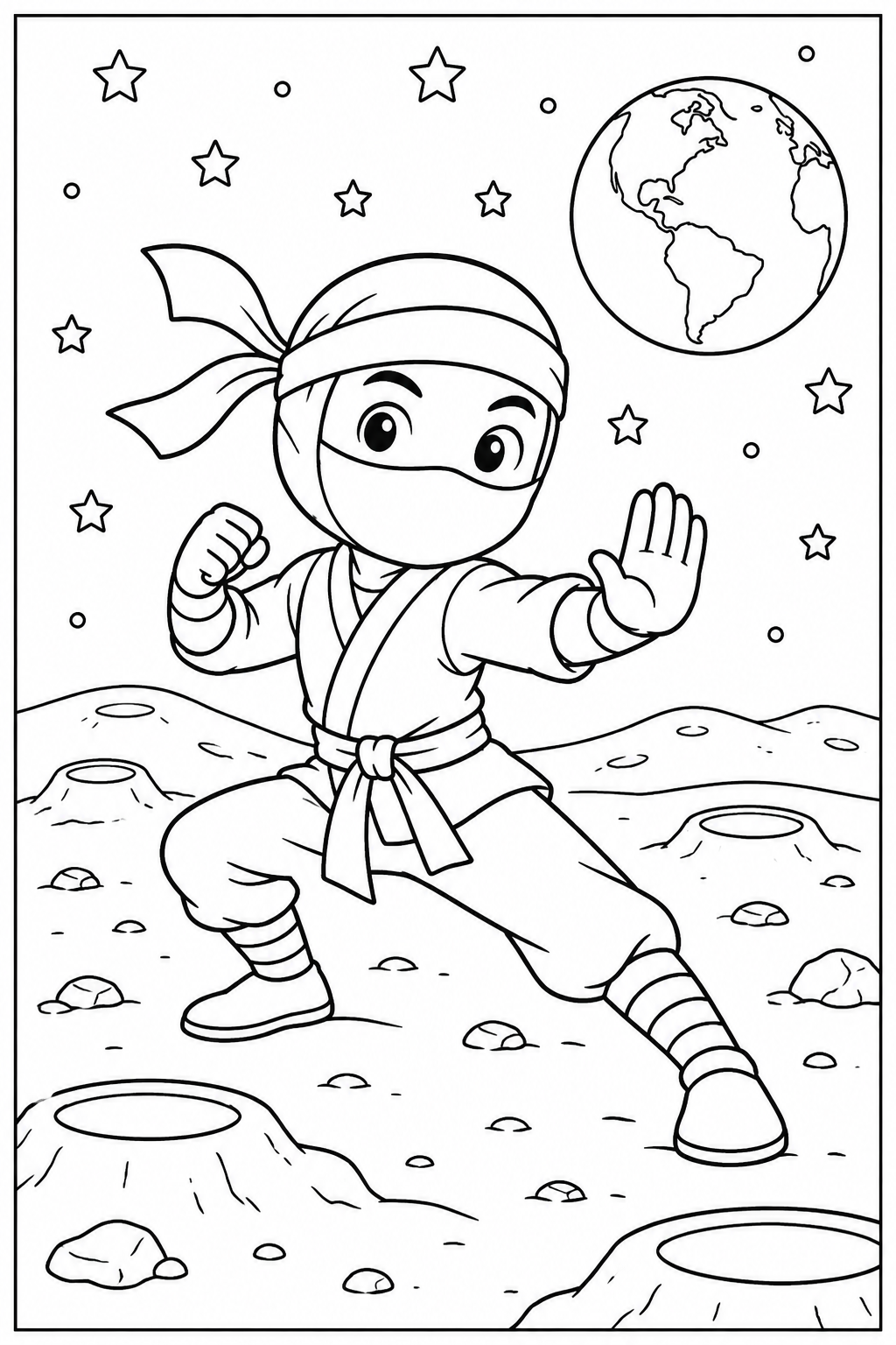 Ninja — Op de maan — kleurplaat om te printen