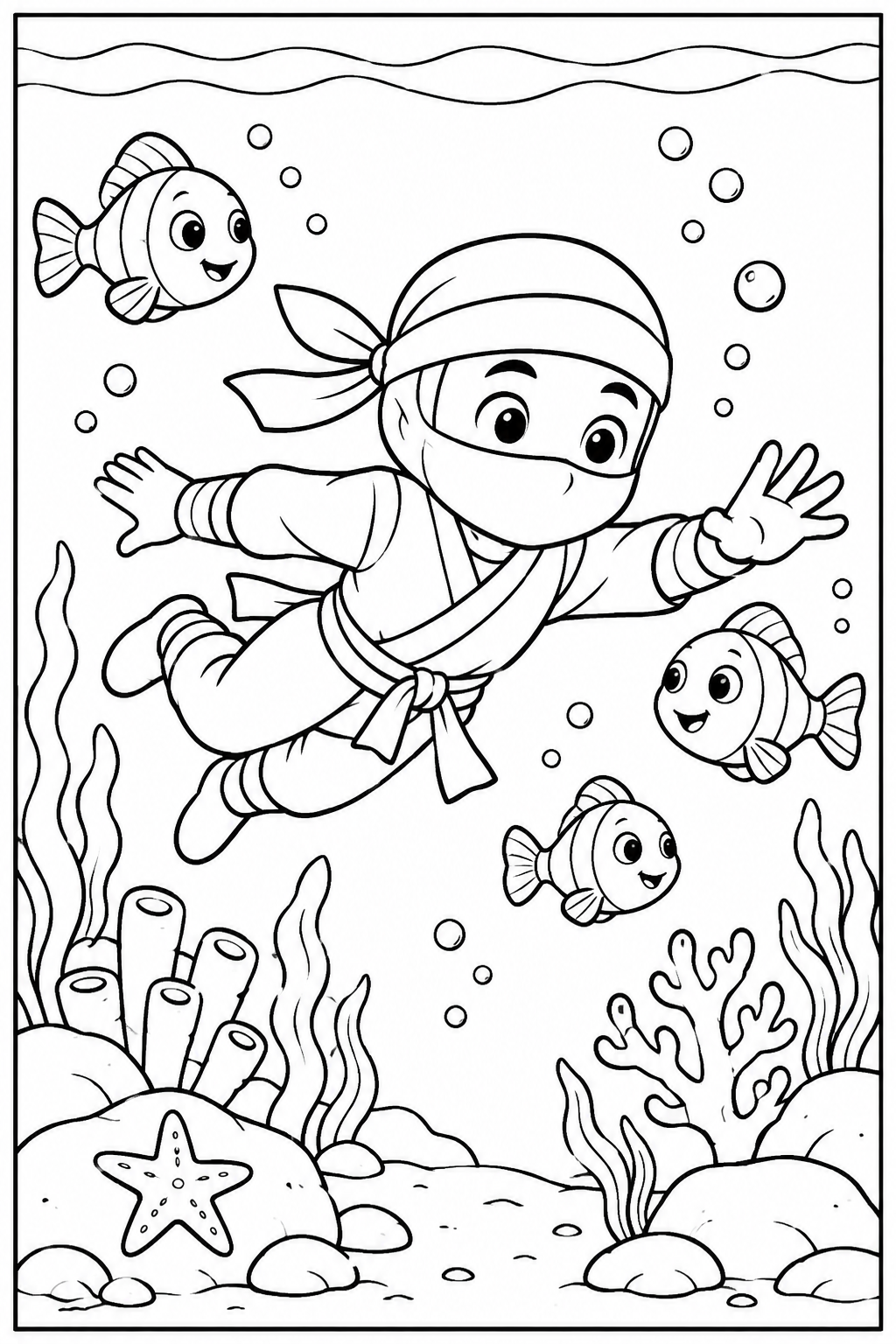 Ninja — Onder water — zwart-wit kleurplaat
