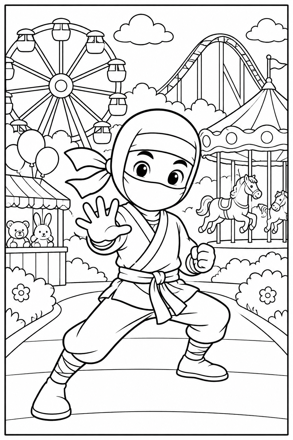 Ninja — In het pretpark — zwart-wit kleurplaat