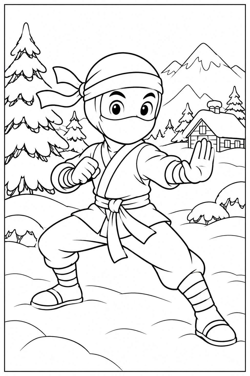 Ninja — In de sneeuw — zwart-wit kleurplaat