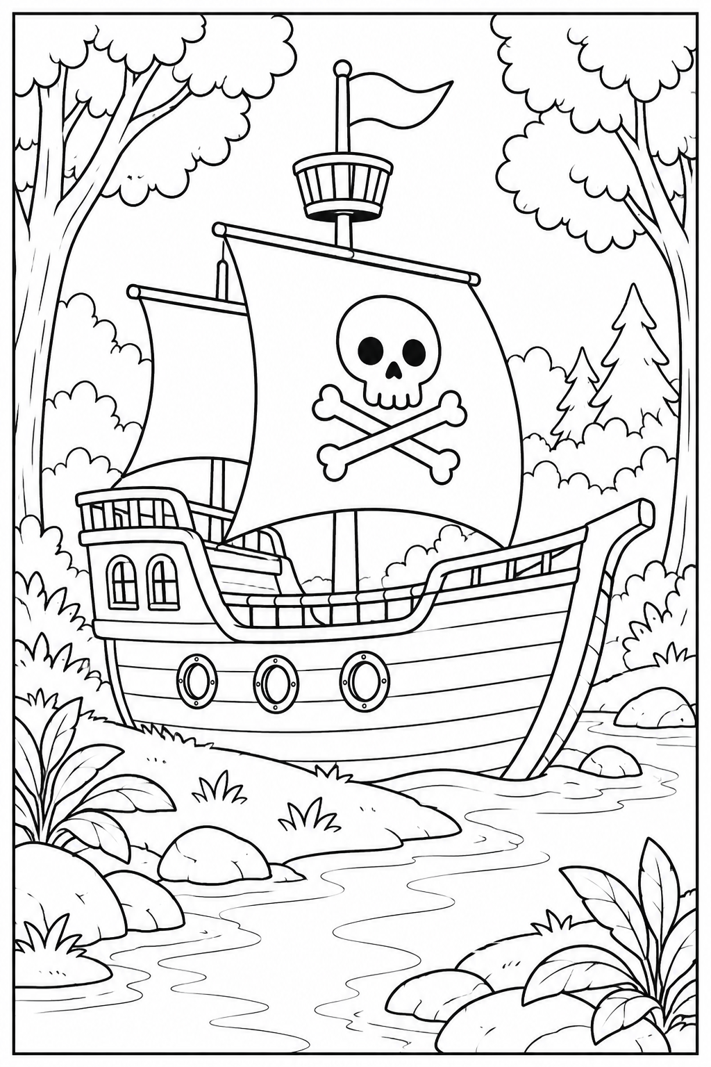 Piratenschip — In het bos — kleurplaat om te printen