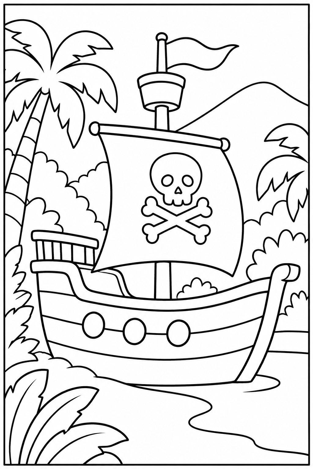 Piratenschip — In de jungle — kleurplaat om te printen