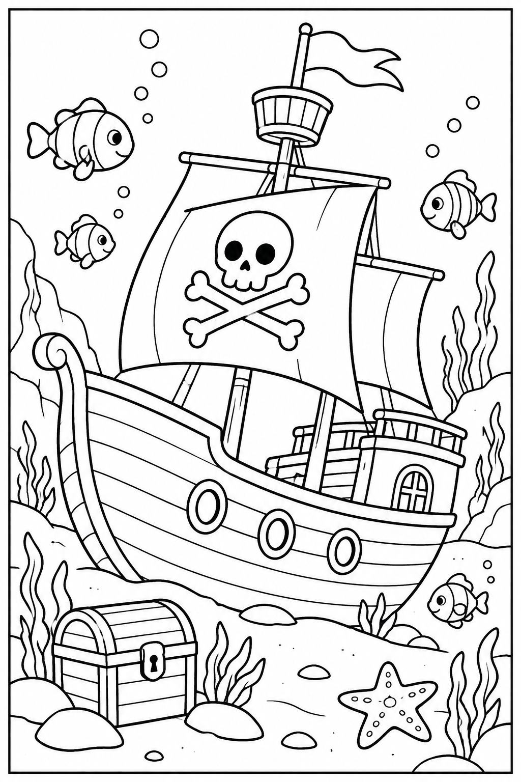 Piratenschip — Onder water — zwart-wit kleurplaat