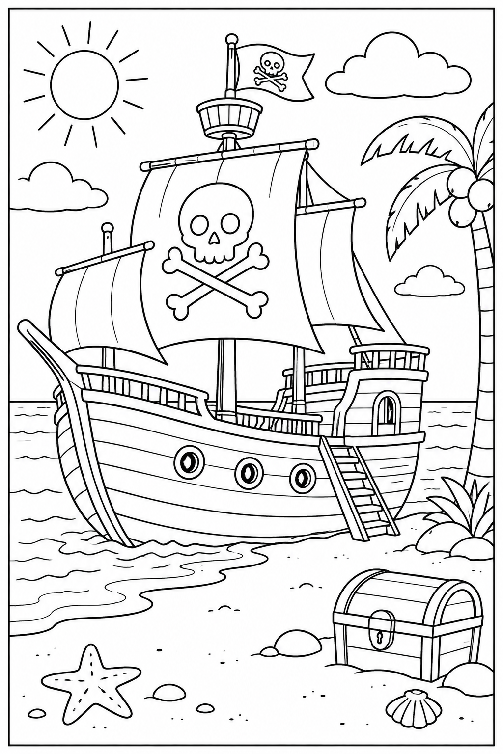 Piratenschip — Op het strand — zwart-wit kleurplaat