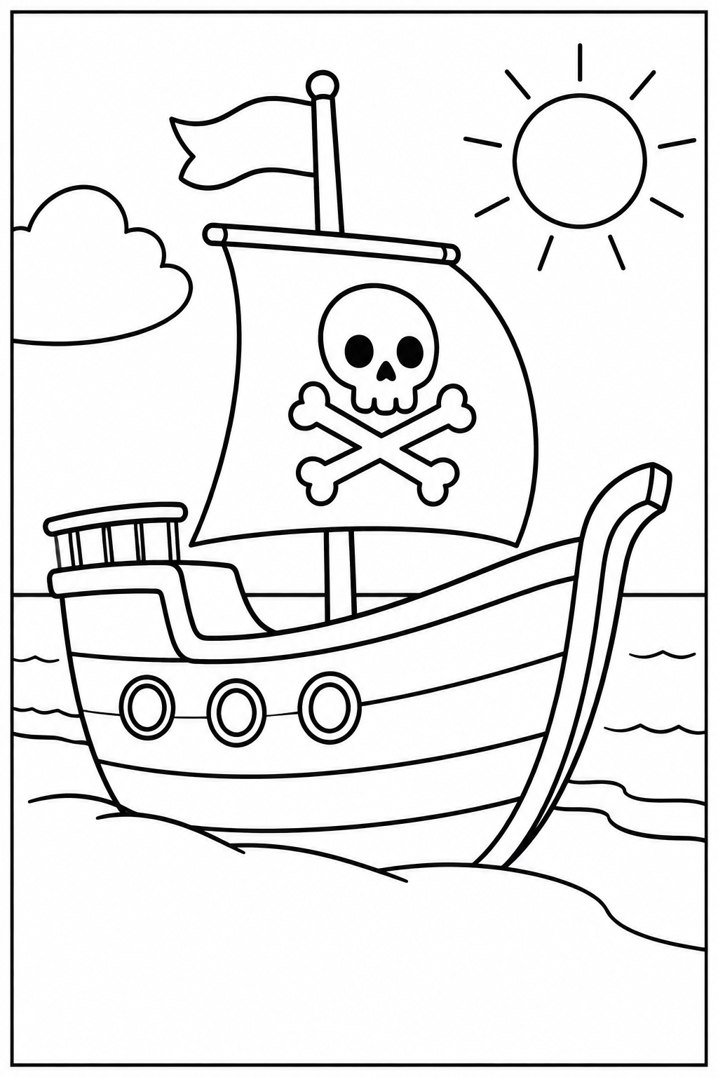 Piratenschip — Op het strand — kleurplaat om te printen