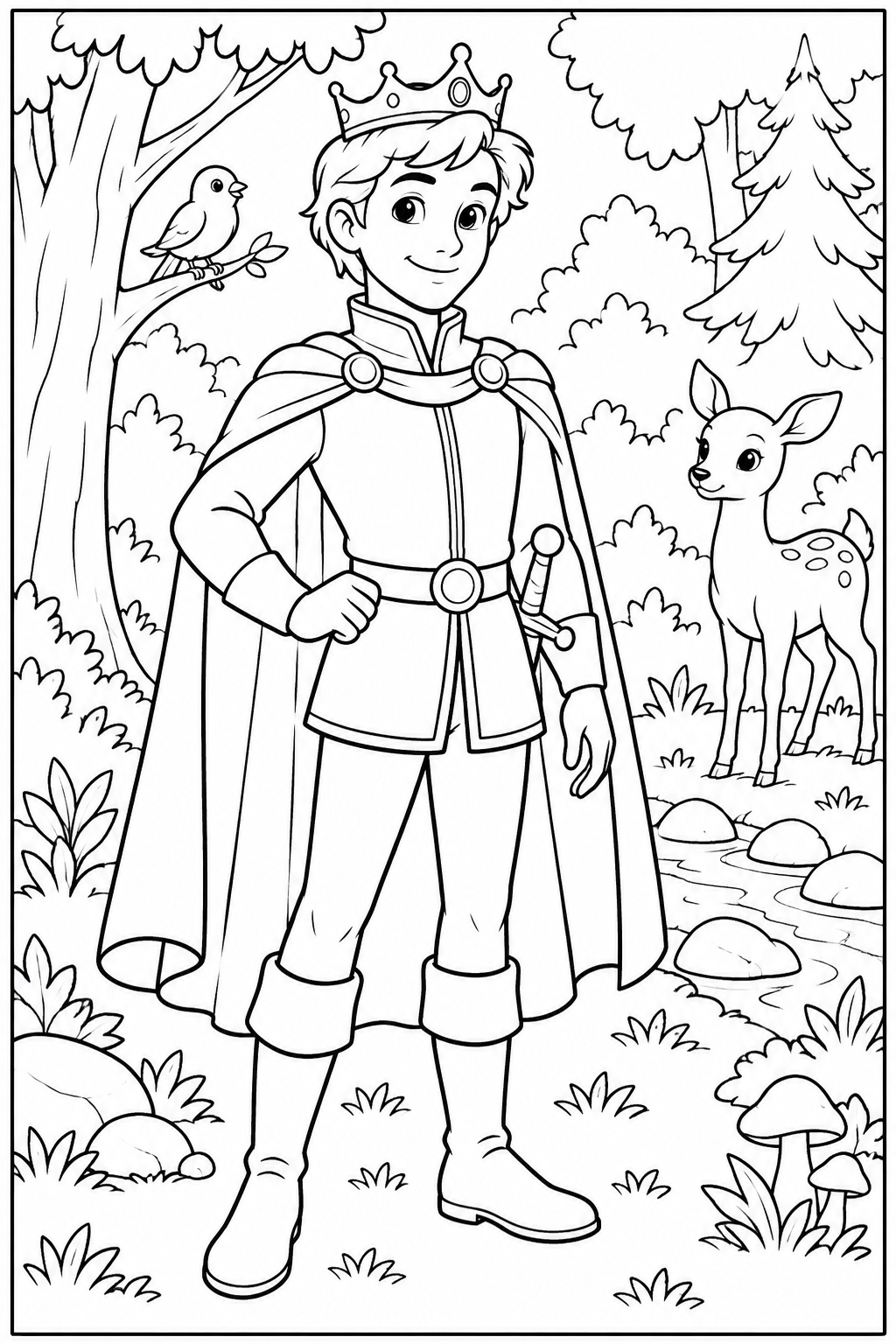Prins — In het bos — zwart-wit kleurplaat