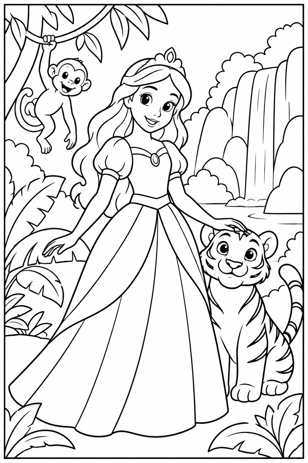 Prinses — In de jungle — kleurplaat om te printen