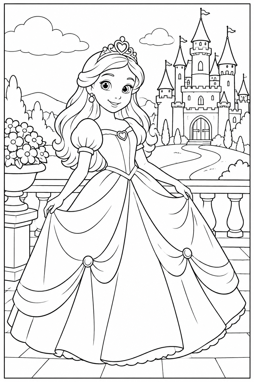 Prinses — Bij een kasteel — zwart-wit kleurplaat