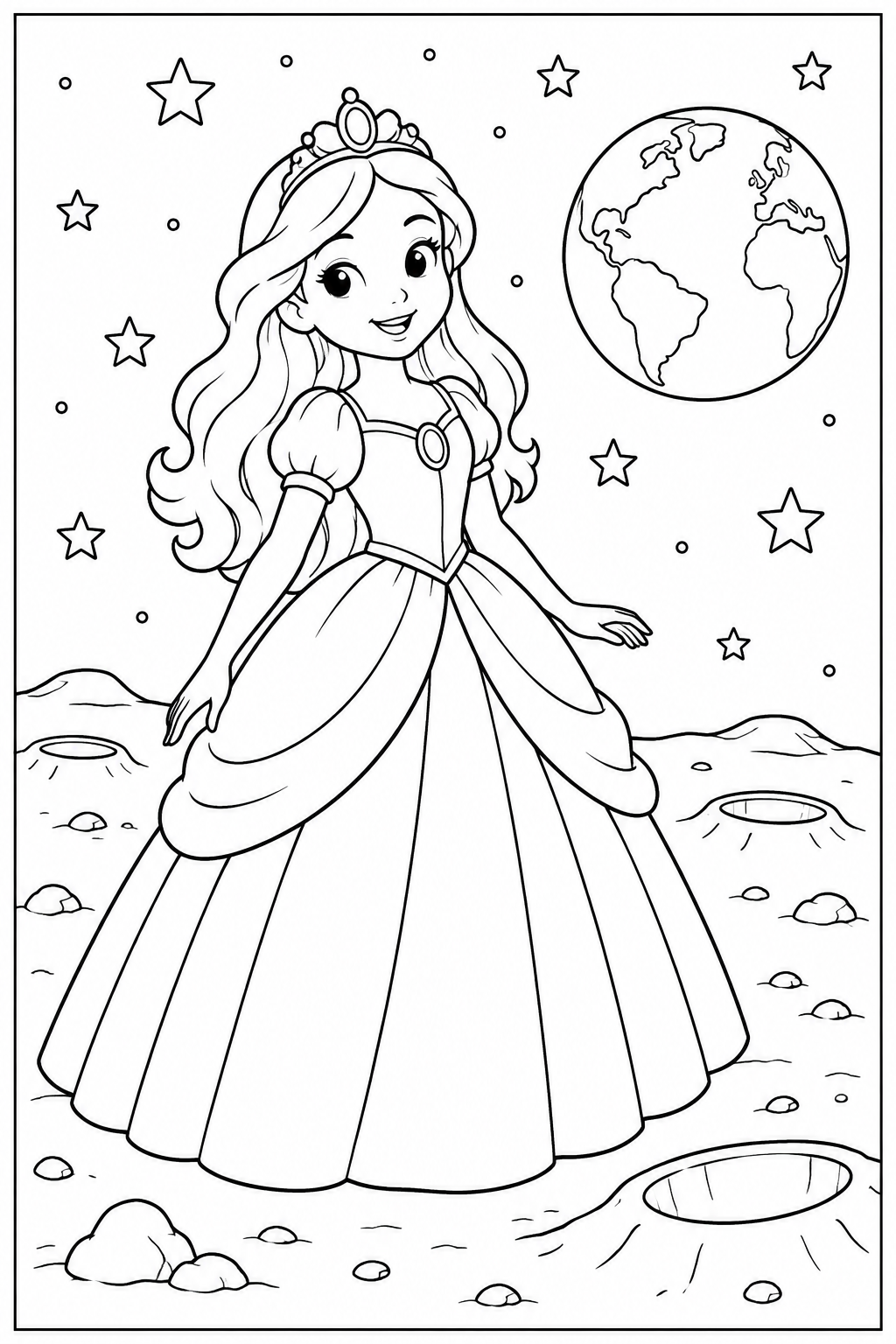 Prinses — Op de maan — kleurplaat om te printen
