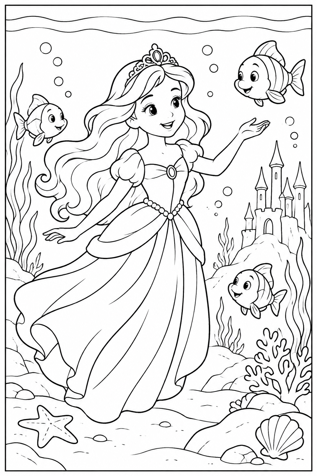 Prinses — Onder water — zwart-wit kleurplaat