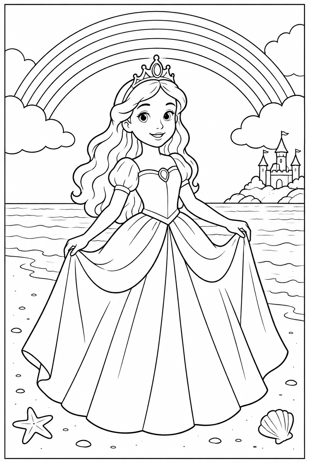 Prinses — Bij de regenboog — kleurplaat om te printen